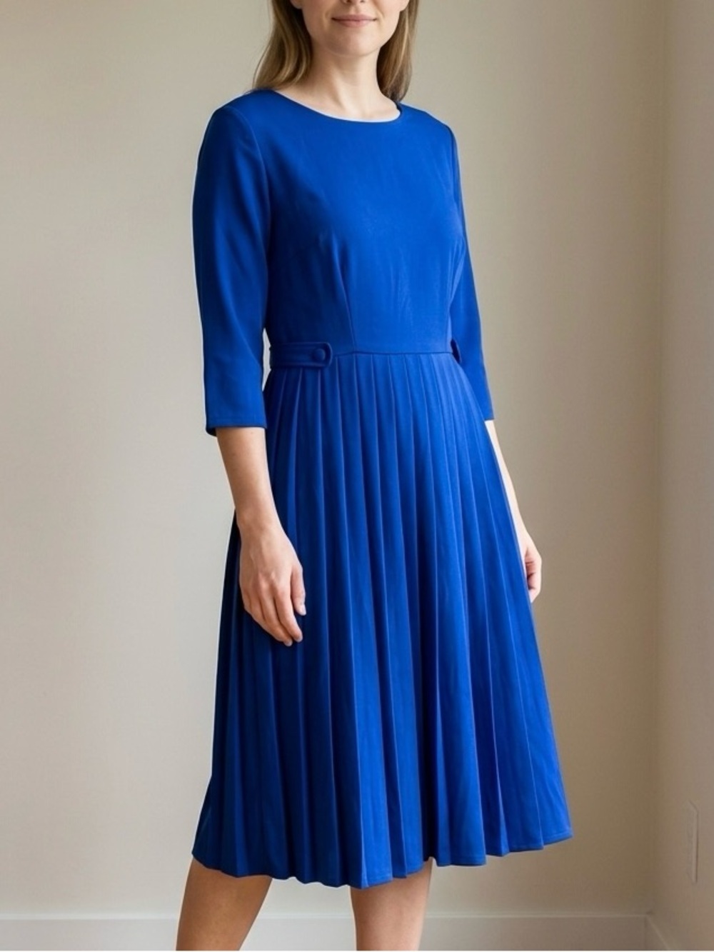 DRESSTELLS Royal Blue Pleated Fit Flare Dress 3/4 Sleeve Wedding Guest XXL NWT